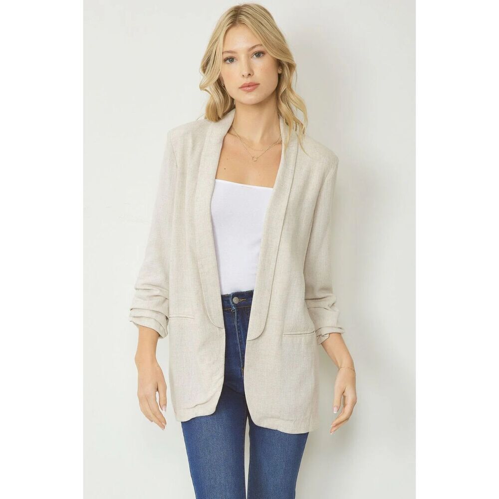 NWT Womens Entro Solid Blazer Jacket with Shirred Detail Sleeve in Oatmeal Sz S